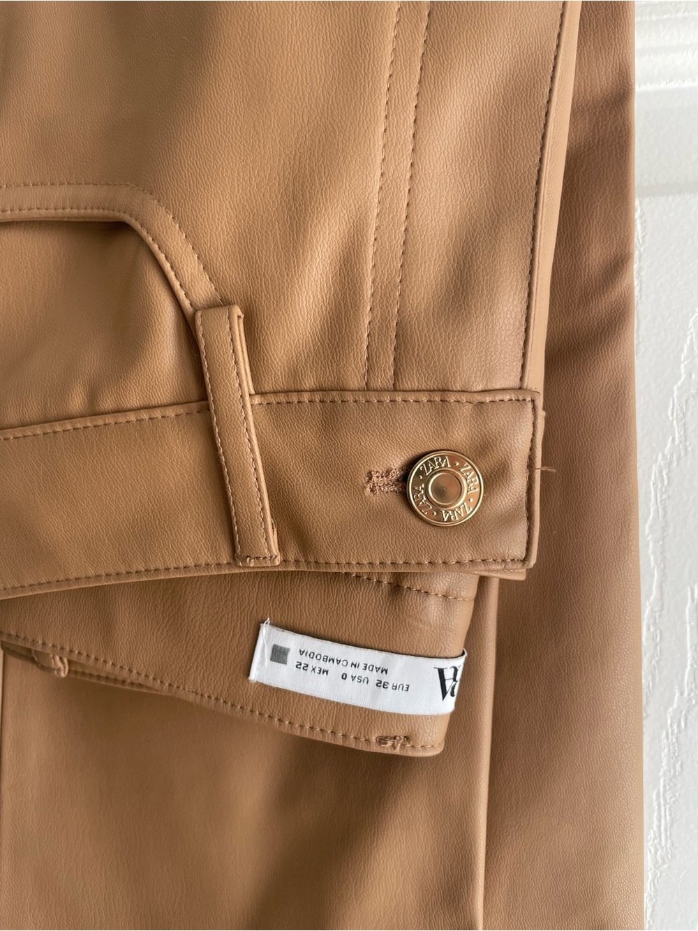 BNWOT ZARA Camel Faux Leather Pants with Gold Branded Buttons
